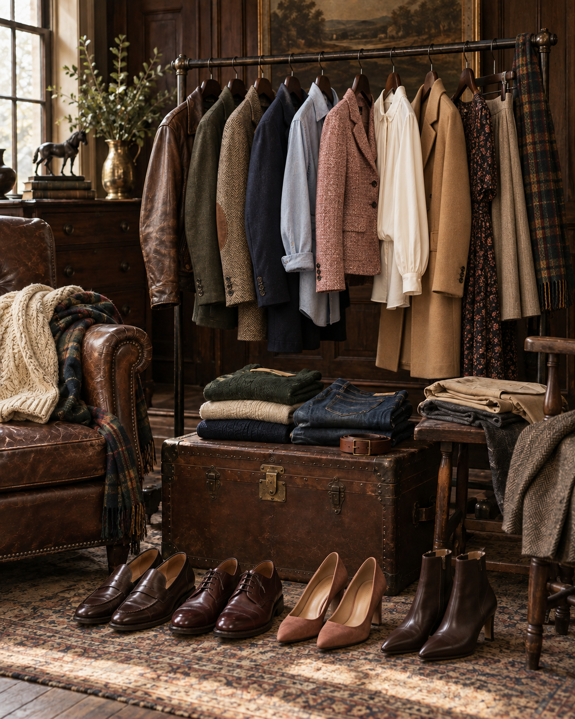 Men’s and women’s pre-loved classics: tailored jackets, silk blouses, denim, knitwear, leather dress shoes, pumps, and ankle boots in a warm vintage wardrobe