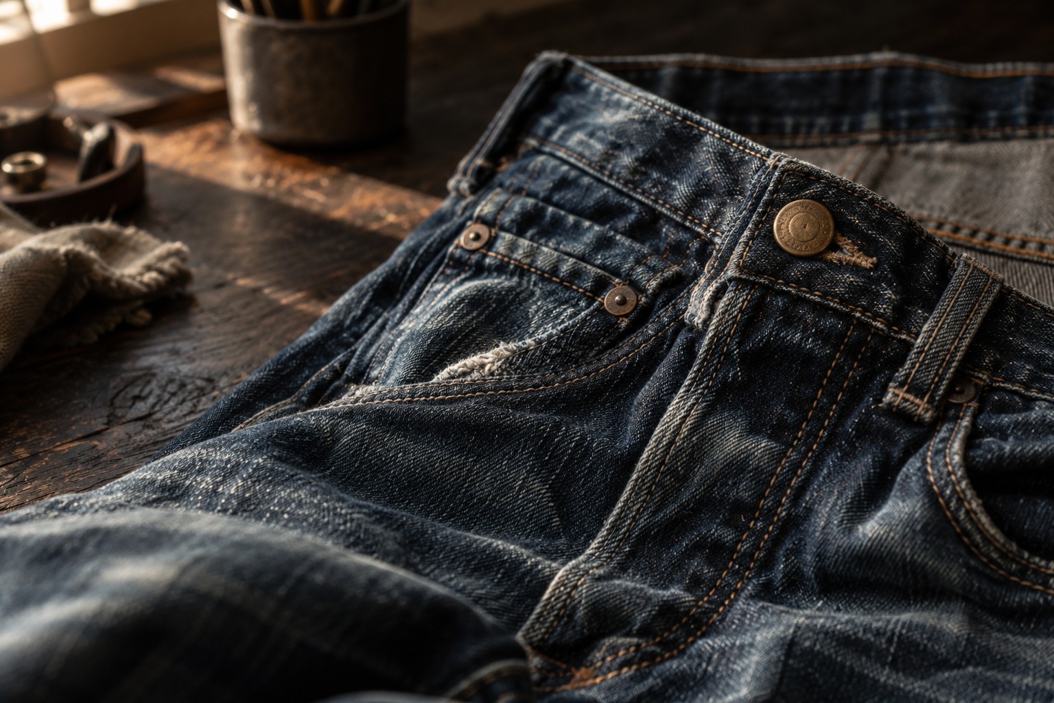 Close-up of worn indigo denim, textured seams, and a brass button