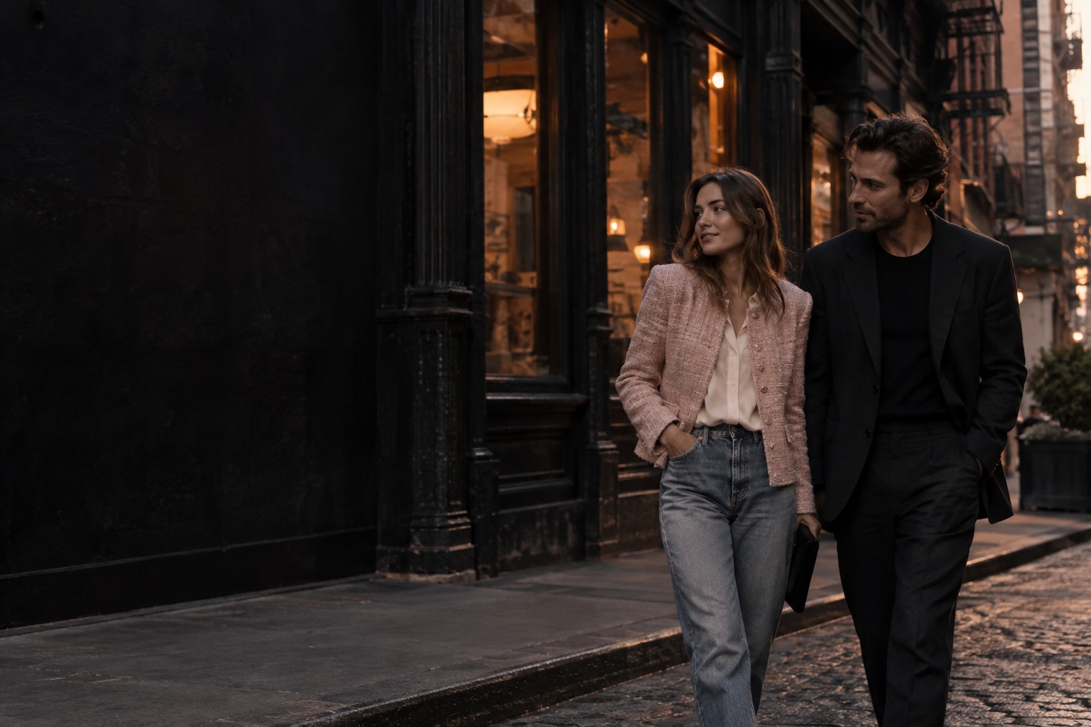 Two people wearing relaxed tailoring and a pink jacket on a warmly lit city street