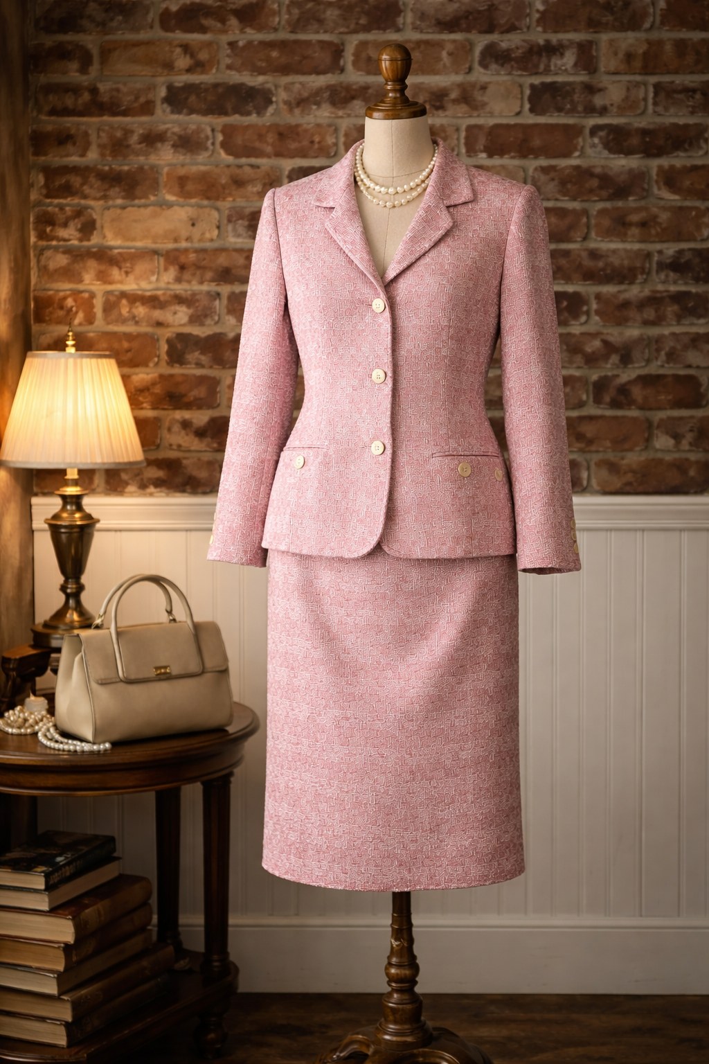 Anne Klein II pink tweed suit styled in the Whisky Pink collection