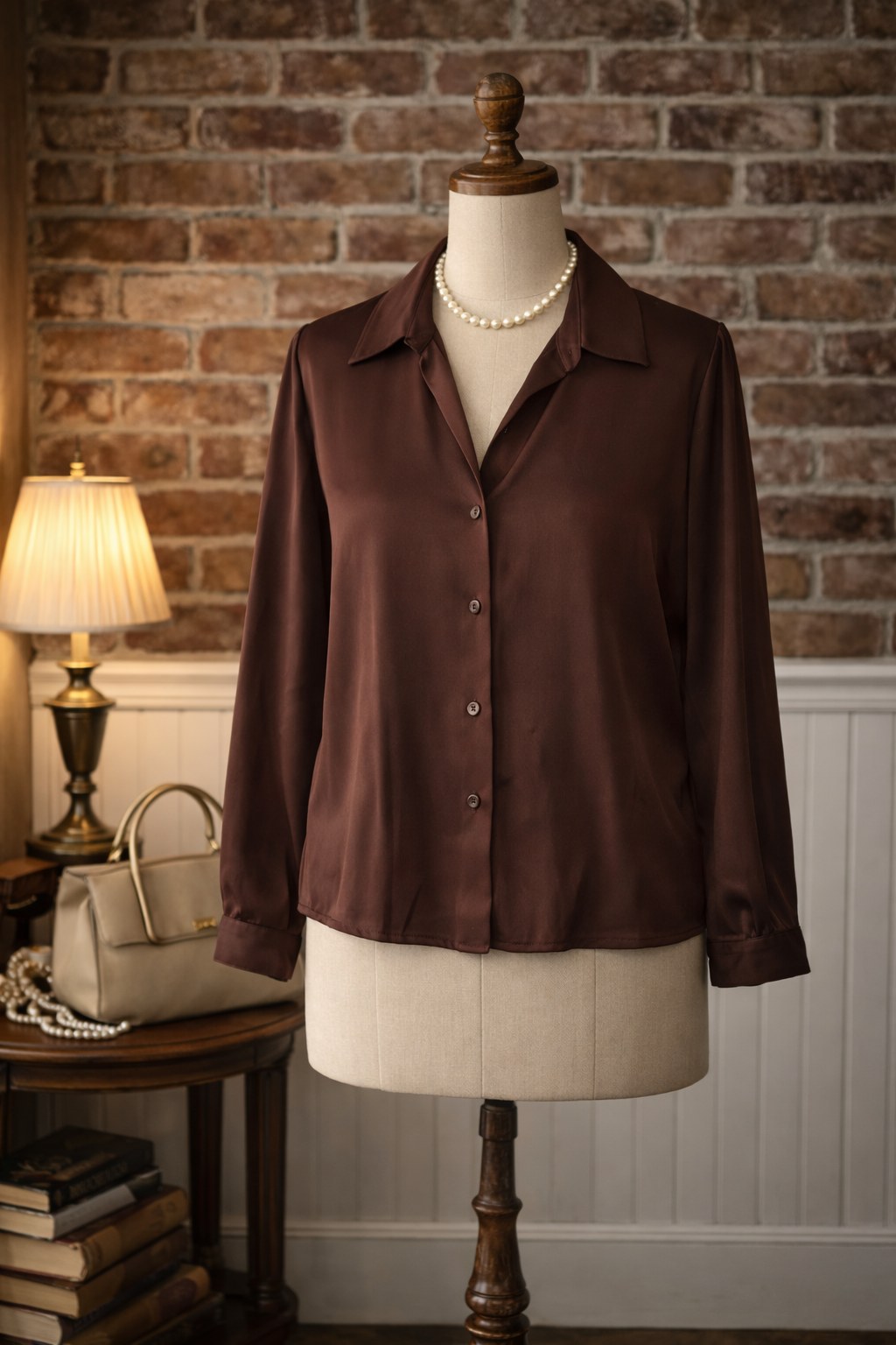 Brown Banana Republic silk blouse from the Whisky Pink collection