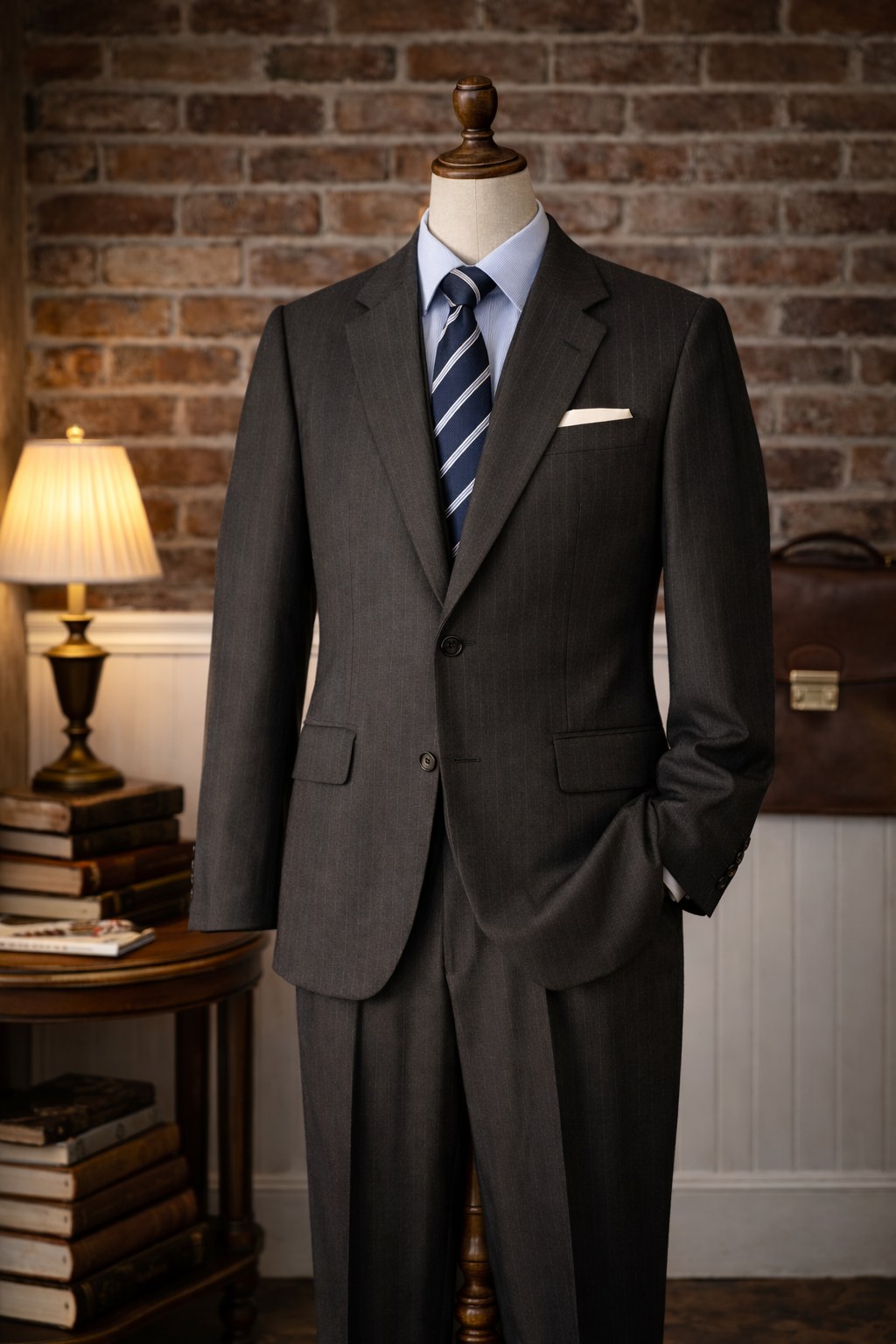 Charcoal Burberrys pinstripe suit styled with a blue shirt and striped tie